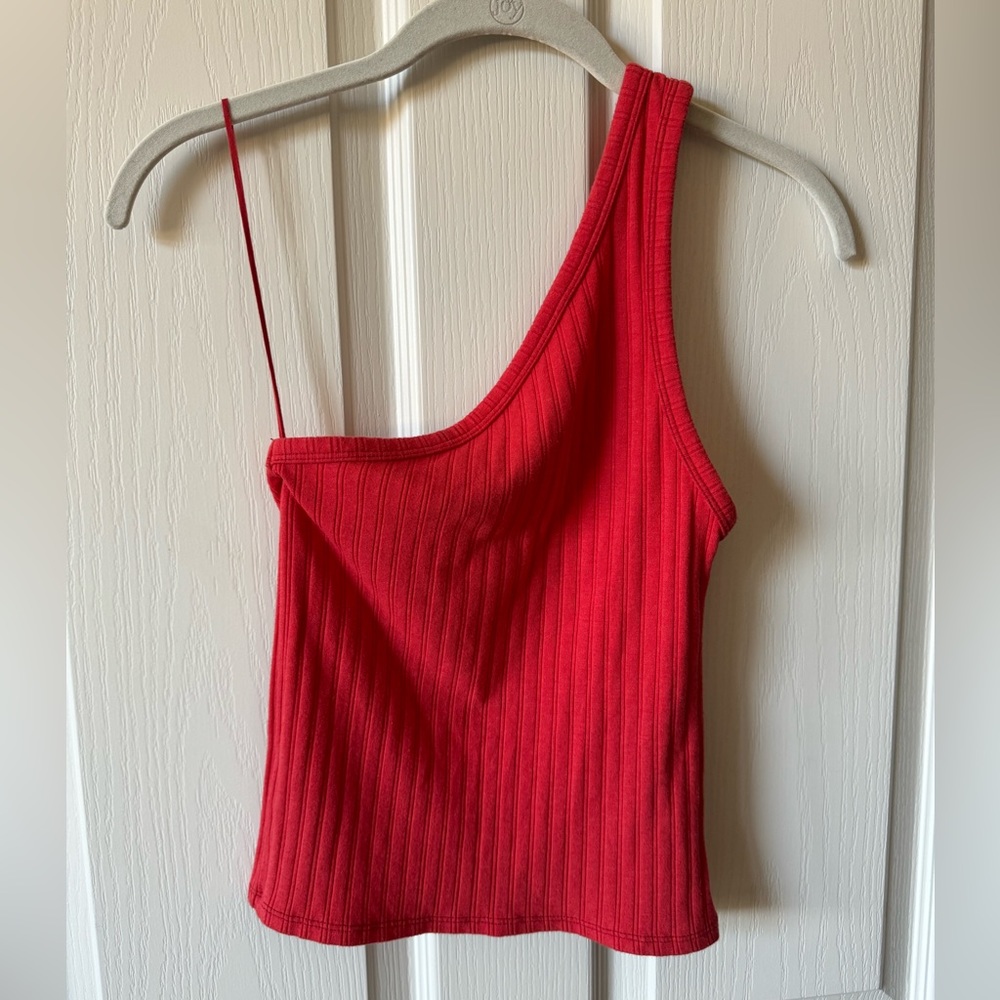 One shoulder red top